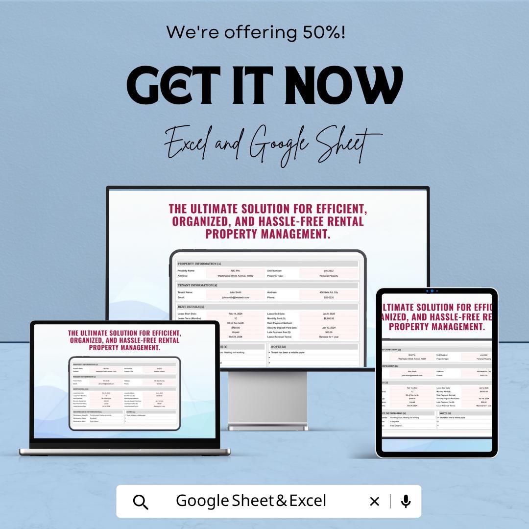 Printable Property Management Template | Rental Property Tracker Spreadsheet | Landlord Management Sheet | Excel & Google Sheets |