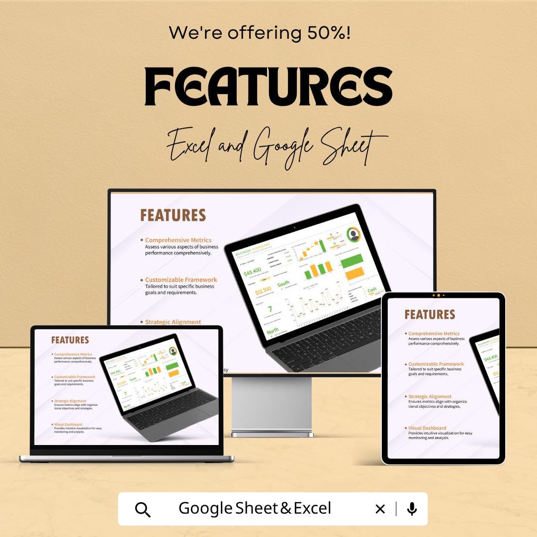 Business Scorecard Template | KPI Dashboard Spreadsheet | Business Performance Tracker | Sales Analytics Dashboard | Metrics Report Sheet