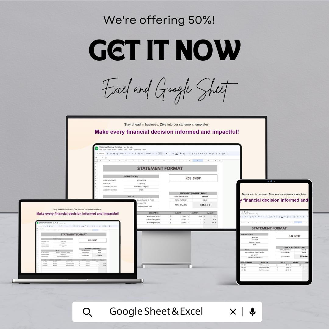 Statement Format Sheet | Google Sheets | Printable Financial Statement Template | Business Billing, Account Summary & Payment Tracker
