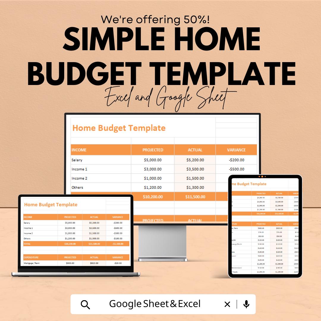 Simple Home Budget Template | Monthly Expense Tracker | Household Finance Planner | Personal Budget Spreadsheet | Digital Download