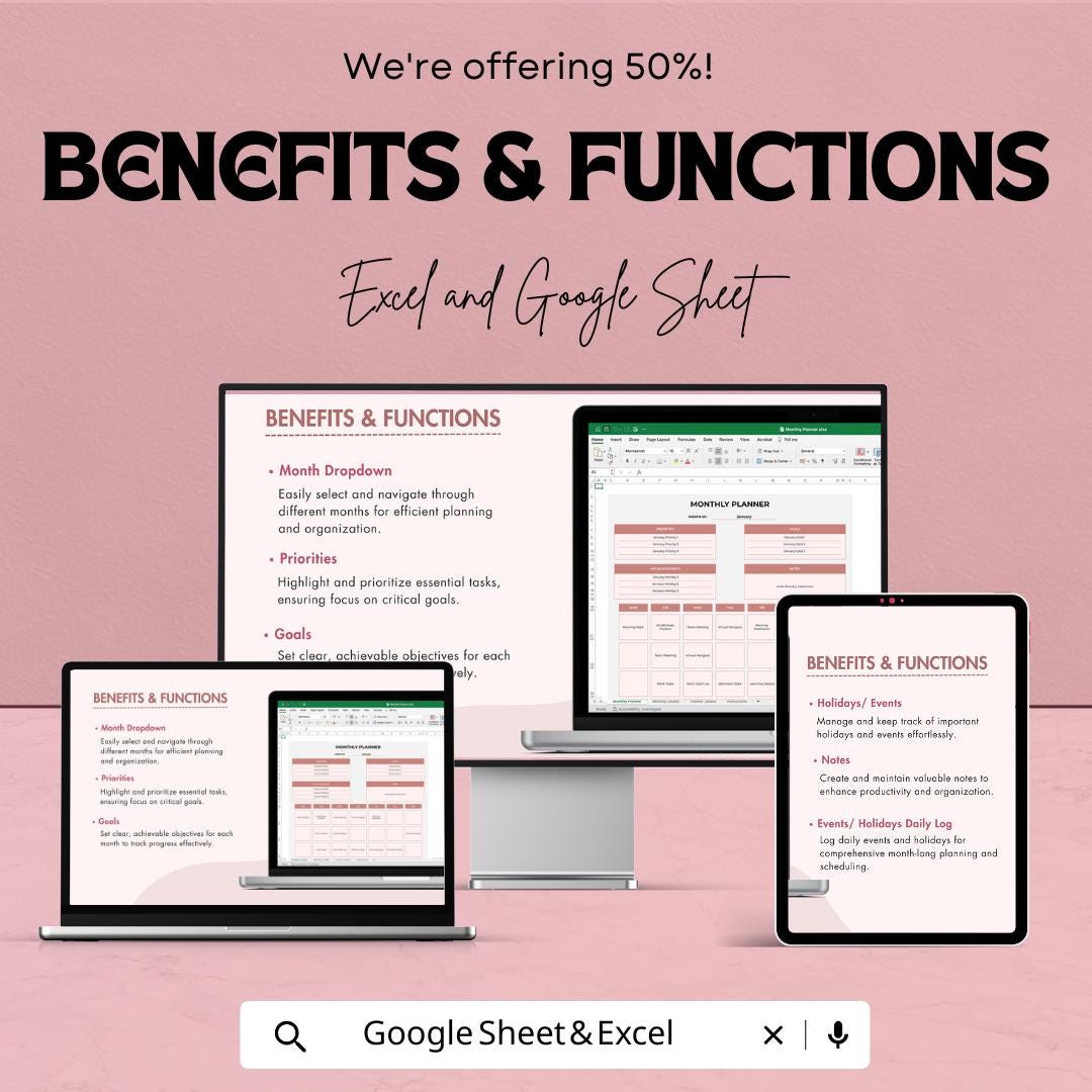 Monthly Planner Template | Editable Excel & Google Sheets Planner | Goal Tracker | Digital Organizer | Productivity and Schedule Template