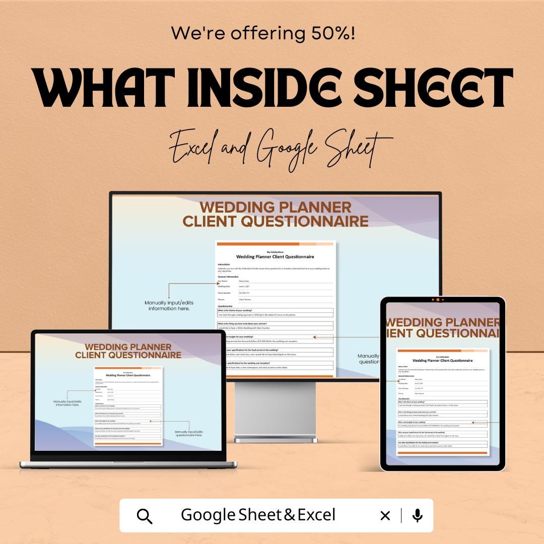 Wedding Planner Client Questionnaire Sheet | Editable Google Sheet & Excel Template | Event Planning Form | Wedding Client Intake Form