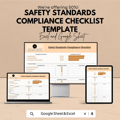 Safety Standards Compliance Checklist Template | OSHA Safety Audit Tracker | Excel & Google Sheets Editable | Workplace Inspection Log