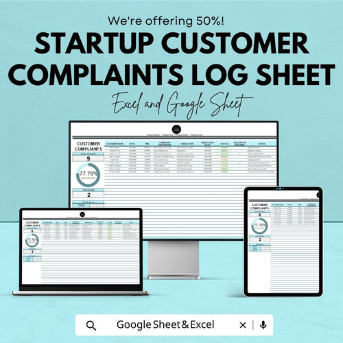 Startup Customer Complaints Log Sheet | Excel & Google Sheets | Complaint Tracker | Customer Service Template | Business CRM Tool