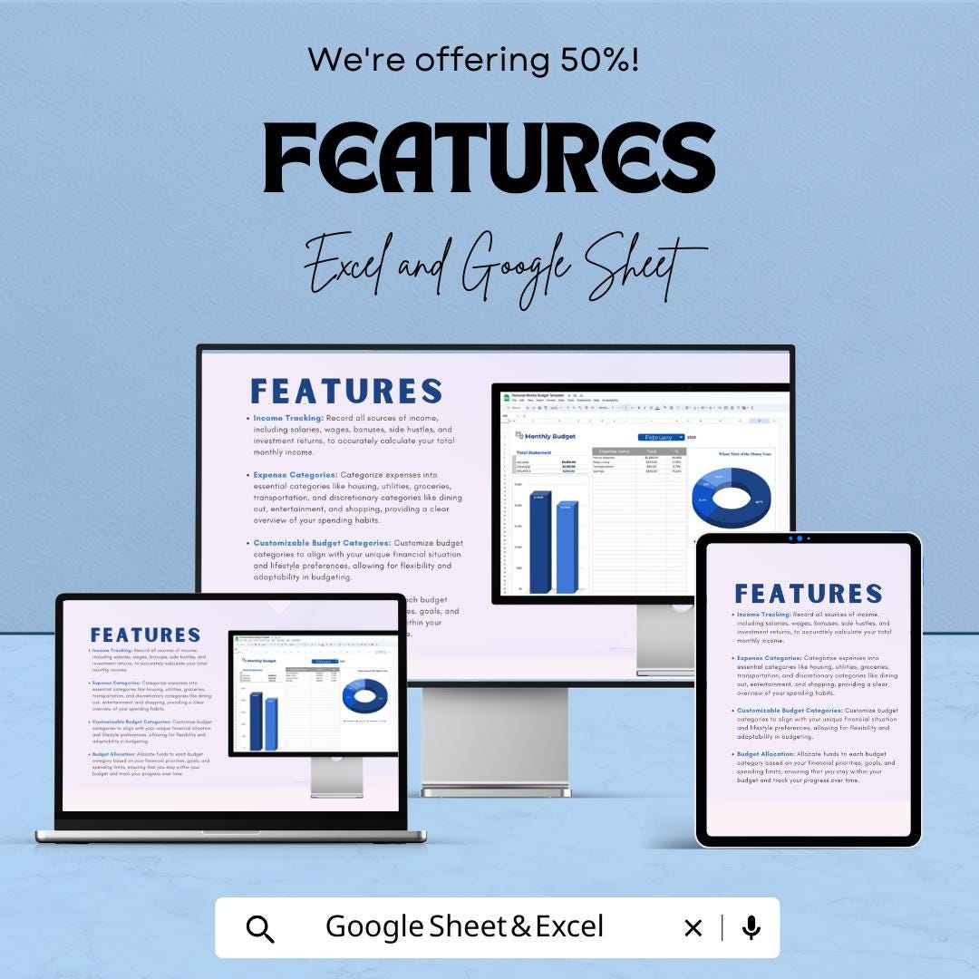 Personal Monthly Budget Sheet Template | Monthly Budget Planner | Google Sheet & Excel Budget Tracker | Easy Financial Management