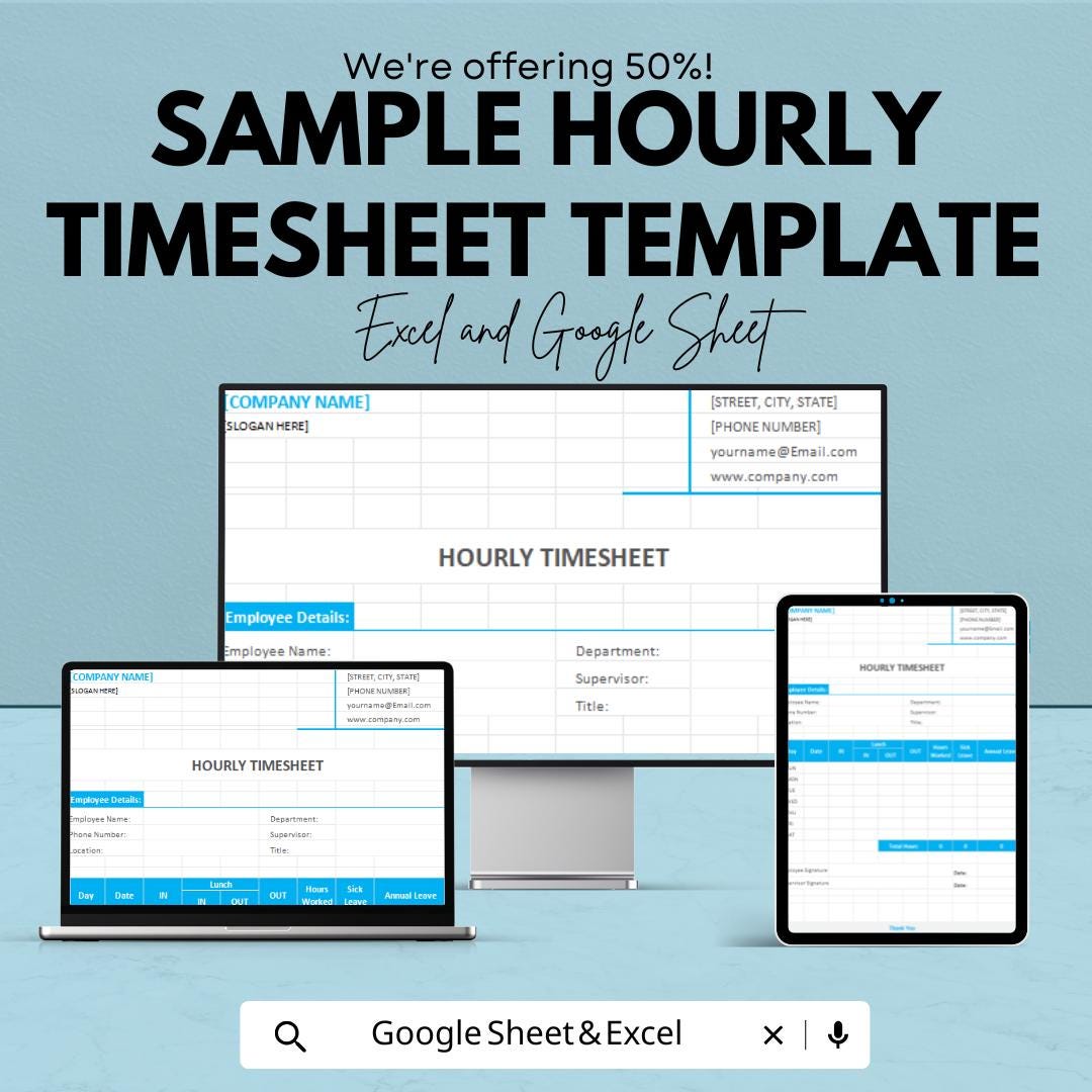 Sample Hourly Timesheet Template | Excel and Google Sheets | Employee Time Tracker | Work Hours Log | Payroll & Attendance Sheet