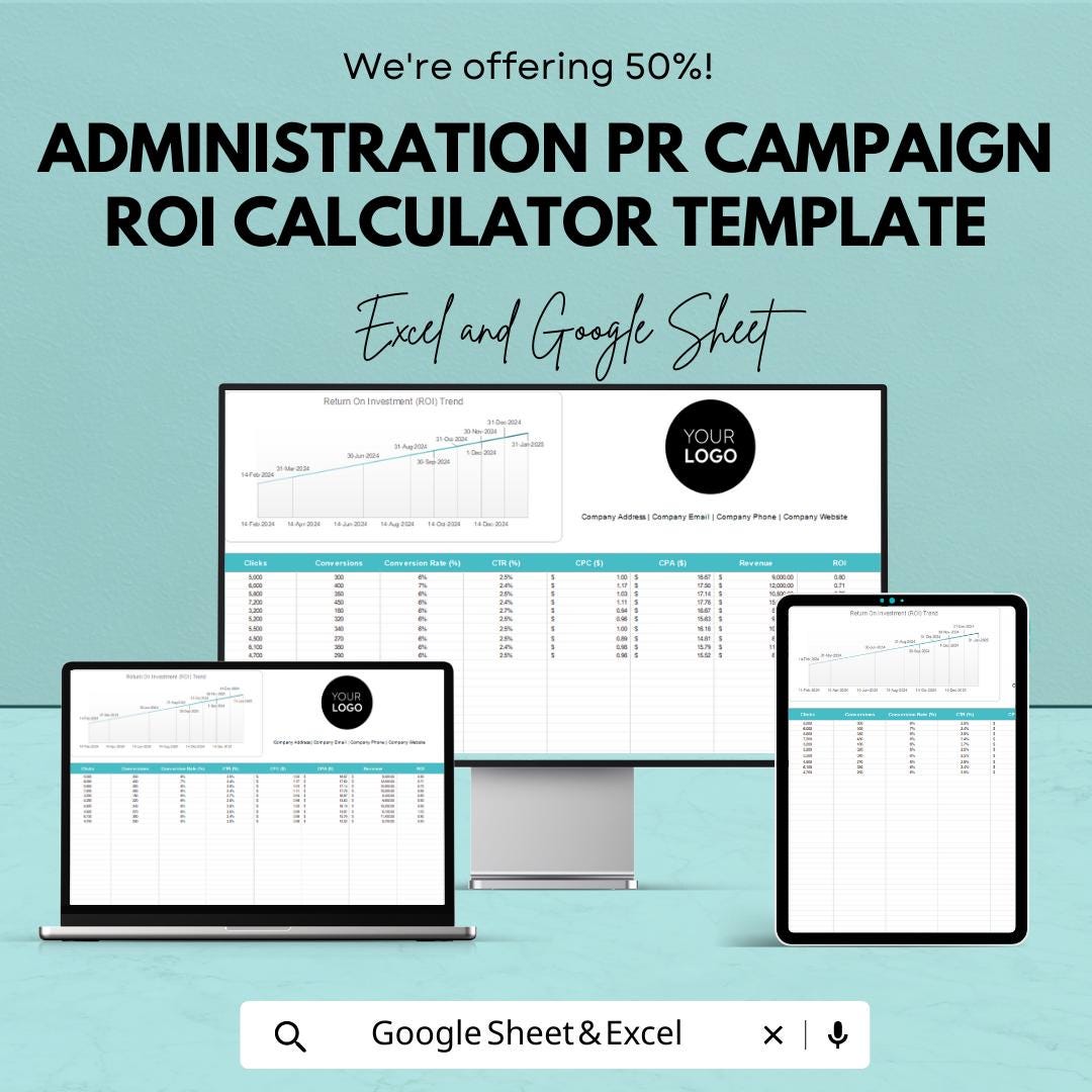Administration PR Campaign ROI Calculator Template | Excel & Google Sheets PR Performance Tracker