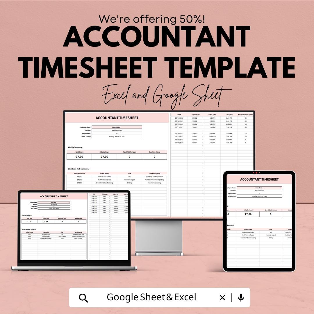Accountant Timesheet Template Excel Google Sheets | Employee Time Tracker | Payroll Spreadsheet | Weekly Billing Sheet