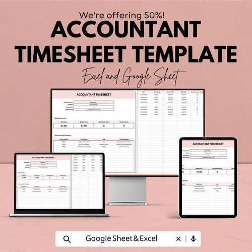 Accountant Timesheet Template Excel Google Sheets | Employee Time Tracker | Payroll Spreadsheet | Weekly Billing Sheet