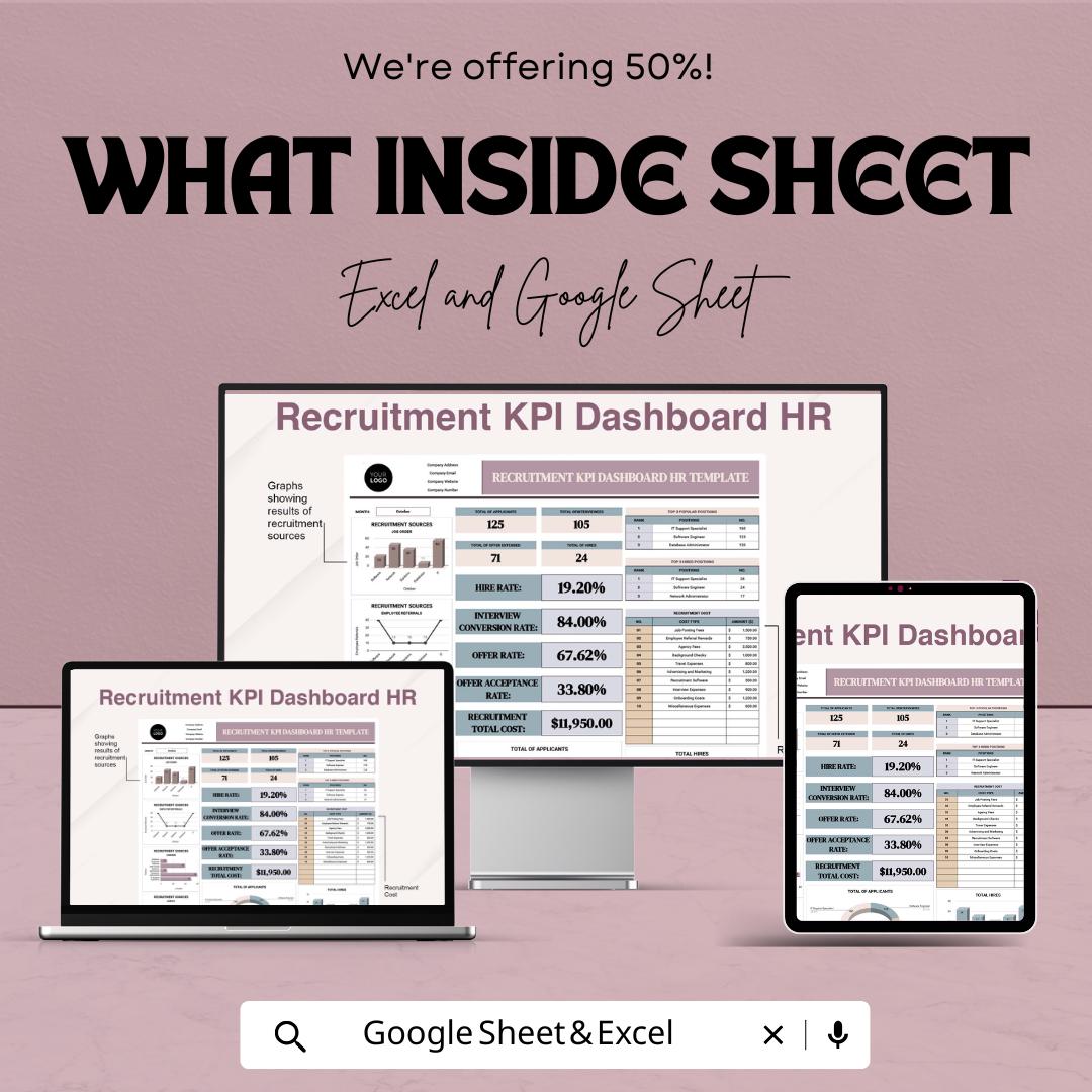 Recruitment KPI Dashboard HR Template - Google Sheet | HR Metrics Tracker for Recruitment Process | Employee Hiring & Performance Metrics