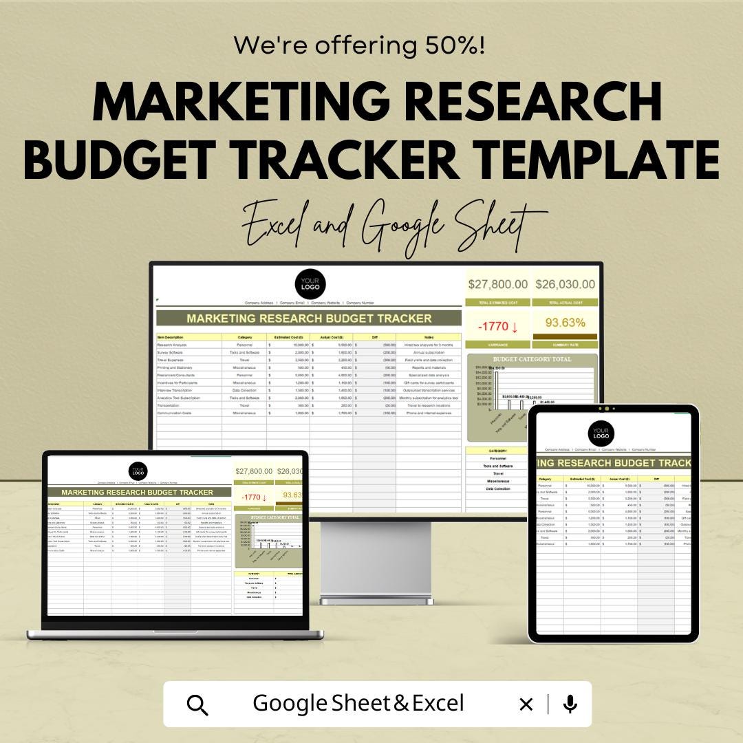 Marketing Research Budget Tracker Template | Business Budget Spreadsheet | Market Research Cost Planner | Expense Tracker for Teams