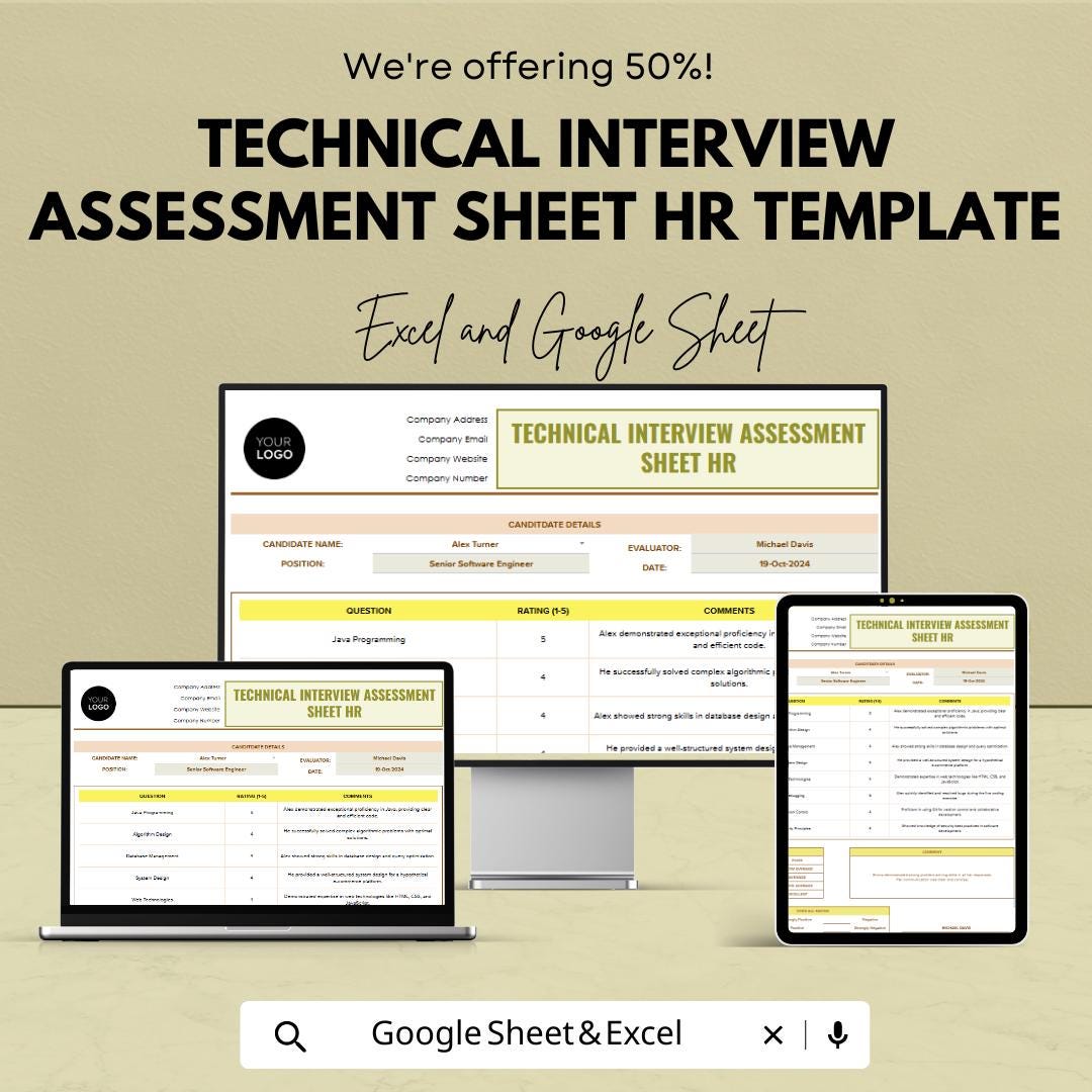 Technical Interview Assessment Sheet Template | Candidate Evaluation Form | Hiring Scorecard Spreadsheet | HR Interview Tracker