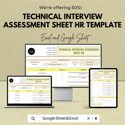 Technical Interview Assessment Sheet Template | Candidate Evaluation Form | Hiring Scorecard Spreadsheet | HR Interview Tracker