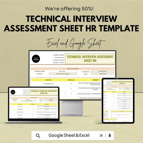 Technical Interview Assessment Sheet Template | Candidate Evaluation Form | Hiring Scorecard Spreadsheet | HR Interview Tracker