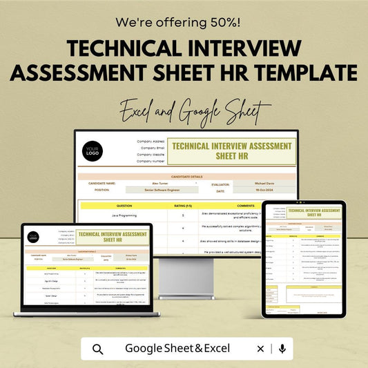 Technical Interview Assessment Sheet Template | Candidate Evaluation Form | Hiring Scorecard Spreadsheet | HR Interview Tracker