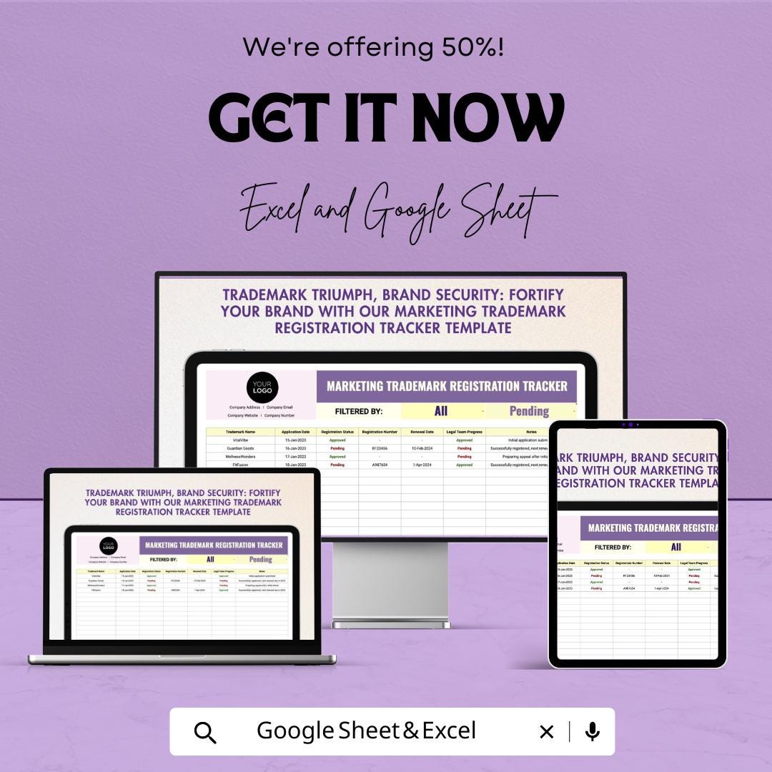 Marketing Trademark Registration Tracker Template | Trademark Tracking Sheet | Brand Protection Tool | Excel & Google Sheets