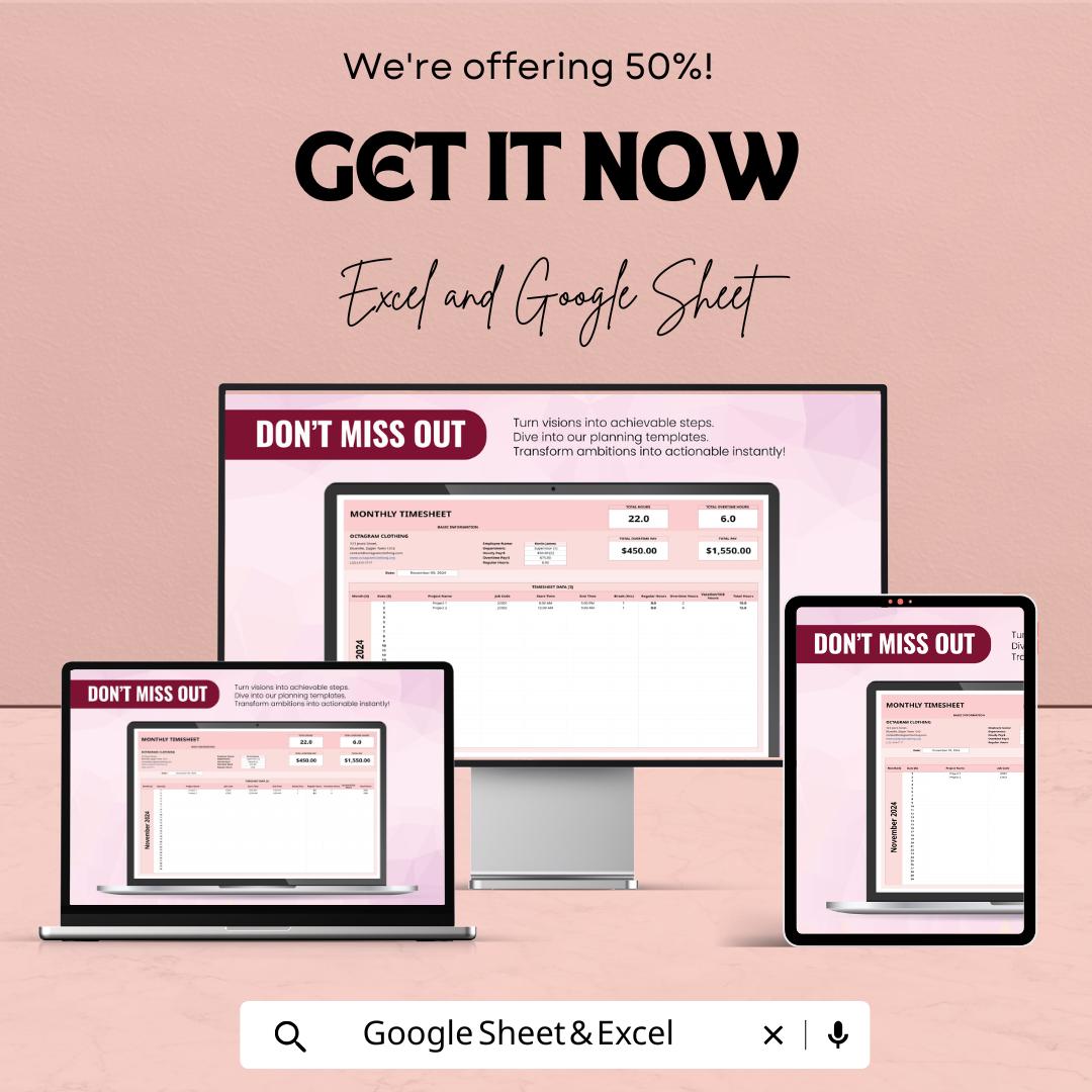 Monthly Timesheet Template - Excel and Google Sheets - Track Employee Hours & Payroll - Customizable Work Hours Sheet for Business