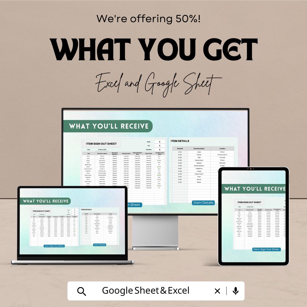 Item Sign Out Sheet - Excel and Google Sheet Template for Item Tracking | Borrowers, Return Dates, Condition & More
