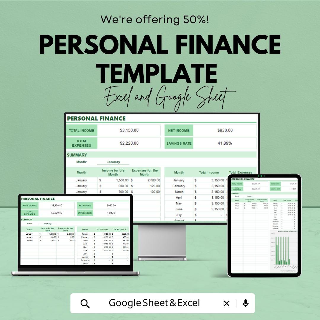 Personal Finance Template | Income and Expense Tracker | Monthly Finance Dashboard | Money Management Spreadsheet