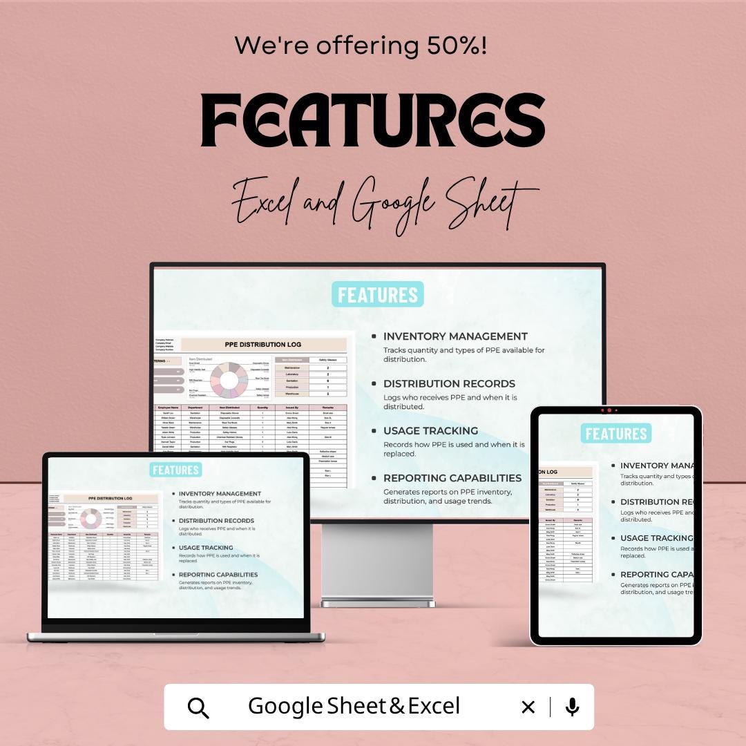 PPE Distribution Log Template | Safety Equipment Tracking Sheet | PPE Inventory Tracker | Excel & Google Sheets | Employee PPE Record Log