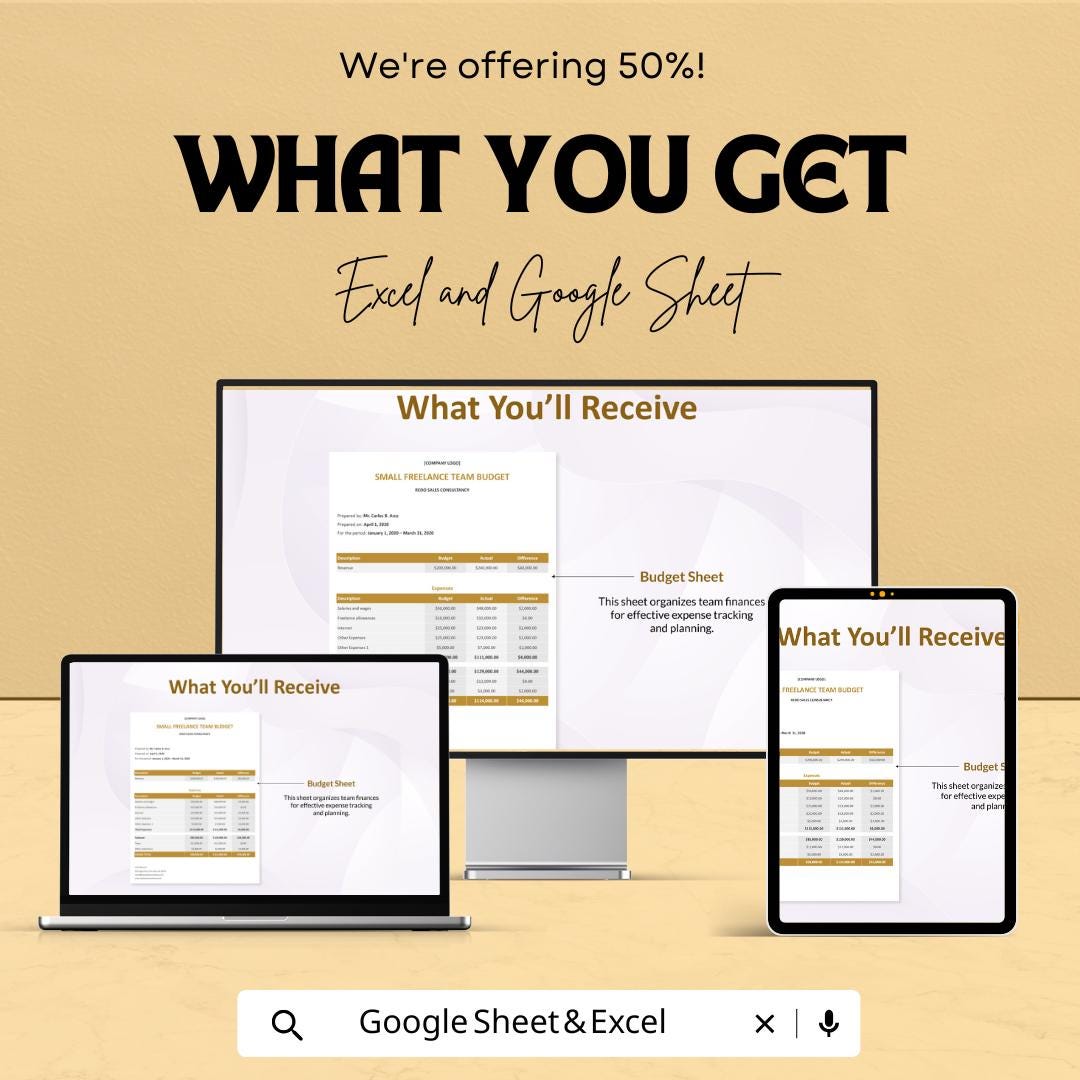 Small Freelance Team Budget Sheet - Excel and Google Sheets Template | Track Expenses & Finances for Your Team | 50% Off