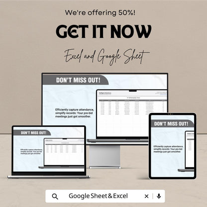 Pre-Bid Meeting Sign-In Sheet | Excel and Google Sheet | Efficient Attendance Tracker for Bids | Customizable & Exportable |