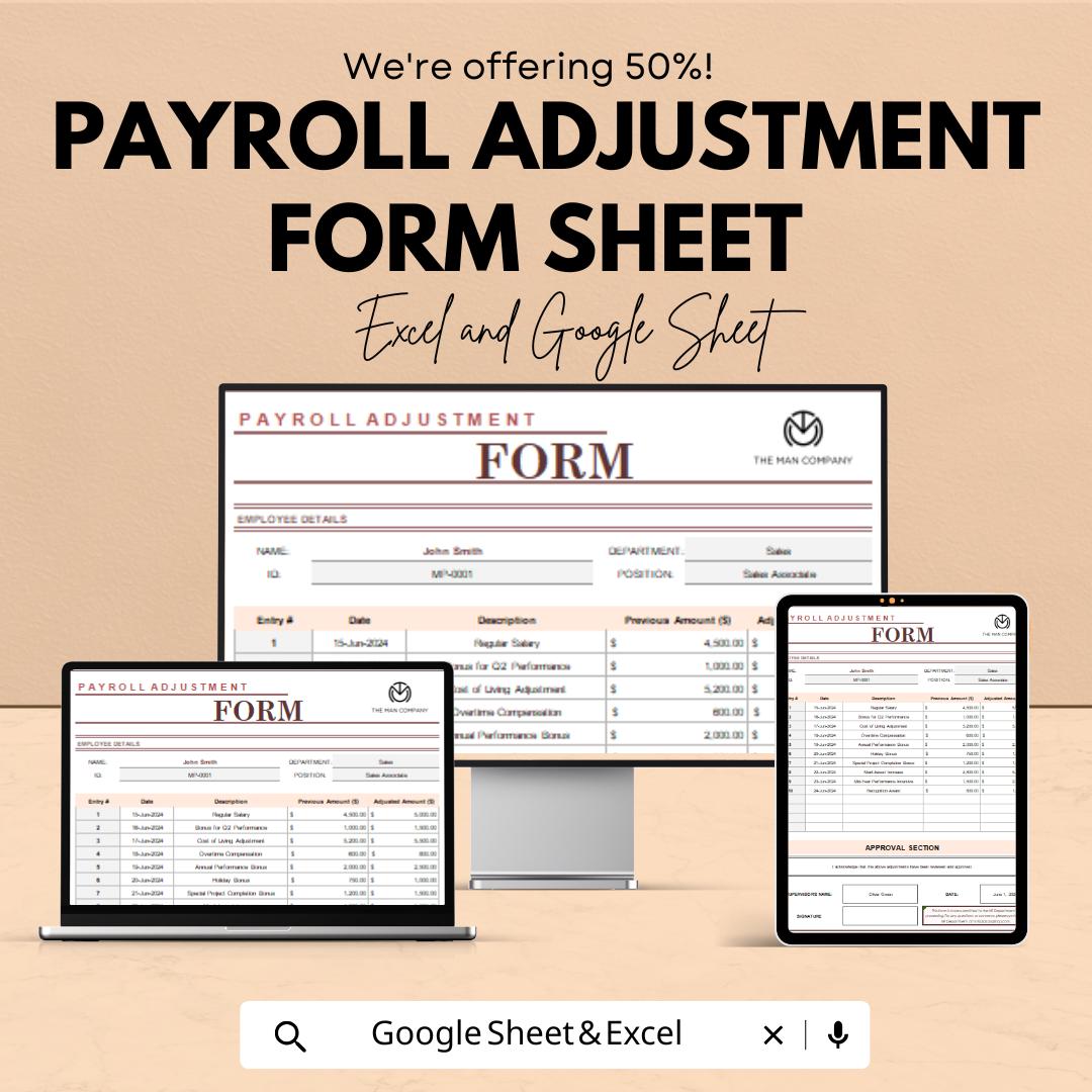 Payroll Adjustment Form | Excel & Google Sheets | Salary Change Tracker | Employee Compensation Template | HR Spreadsheet