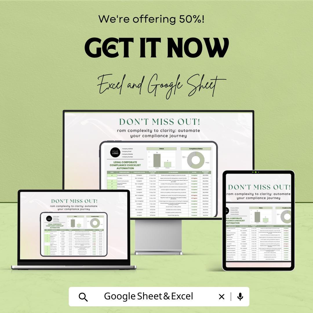 Legal Corporate Compliance Checklist Automation Sheet - Google Sheet & Excel Template for Legal Compliance Tracking and Risk Management