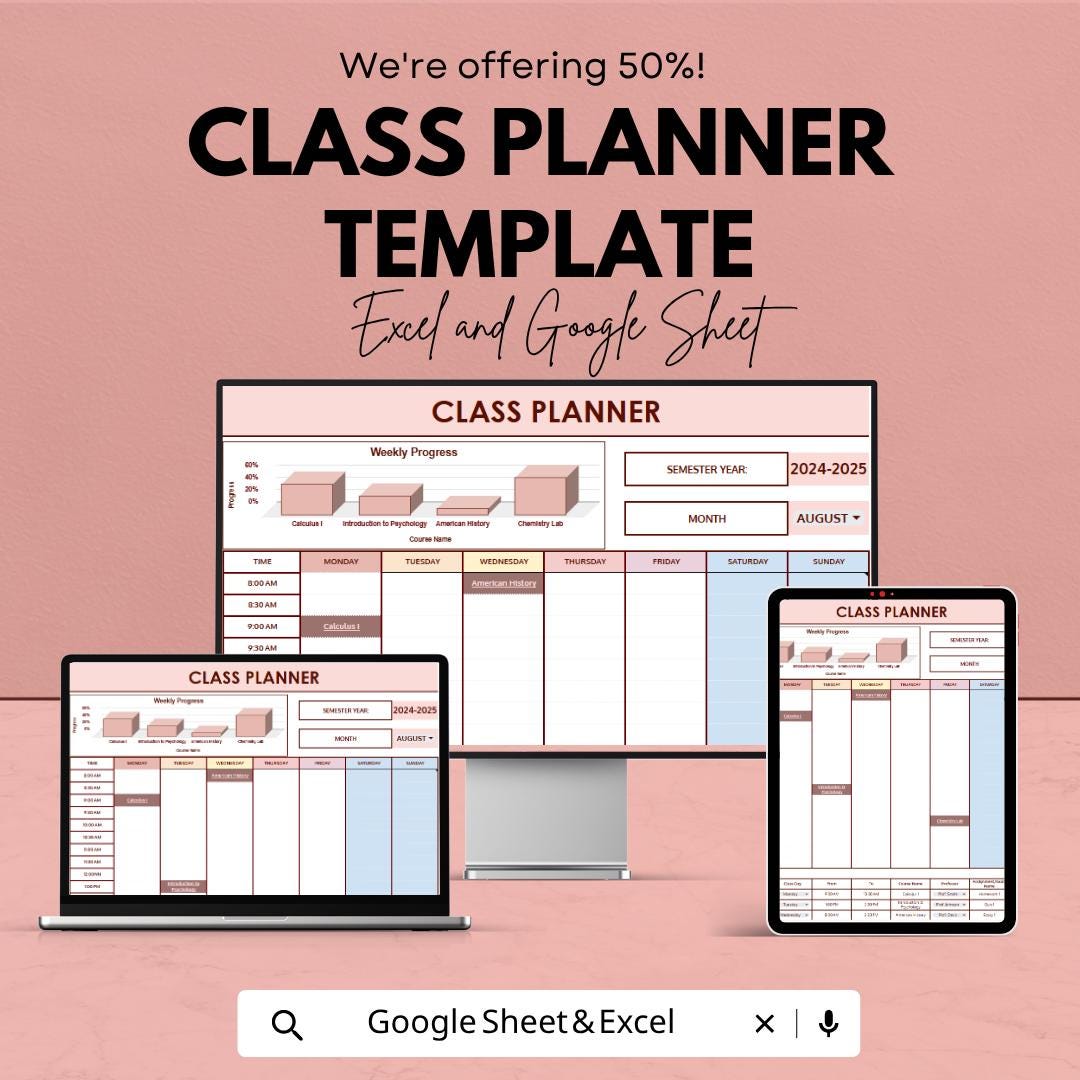 Class Planner Template | Student Planner | Weekly Schedule Planner | Study Planner | Excel & Google Sheets | Academic Tracker