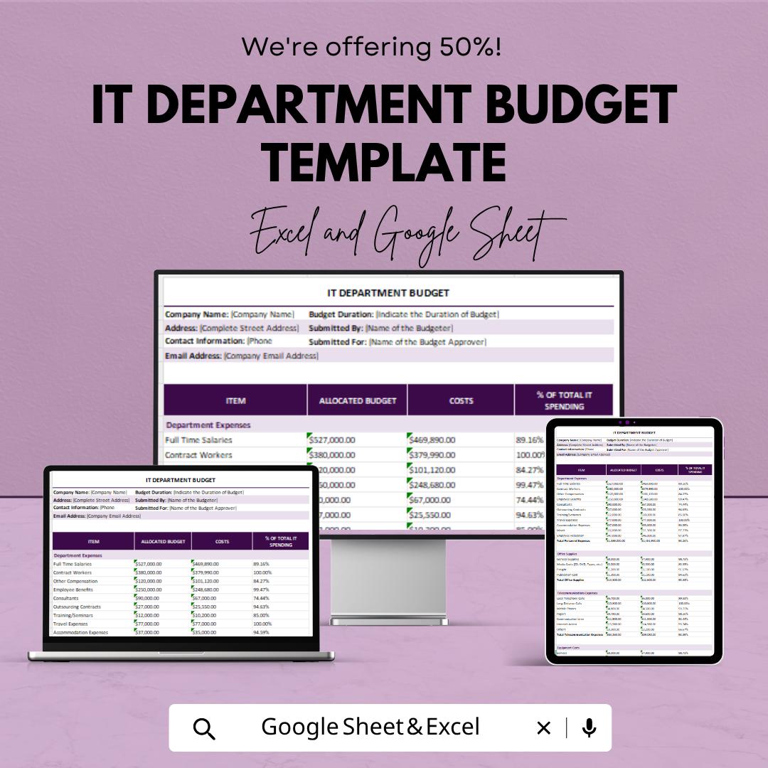 IT Department Budget Template | IT Budget Spreadsheet | Technology Budget Planner | Excel & Google Sheets | IT Expense Tracker Sheet