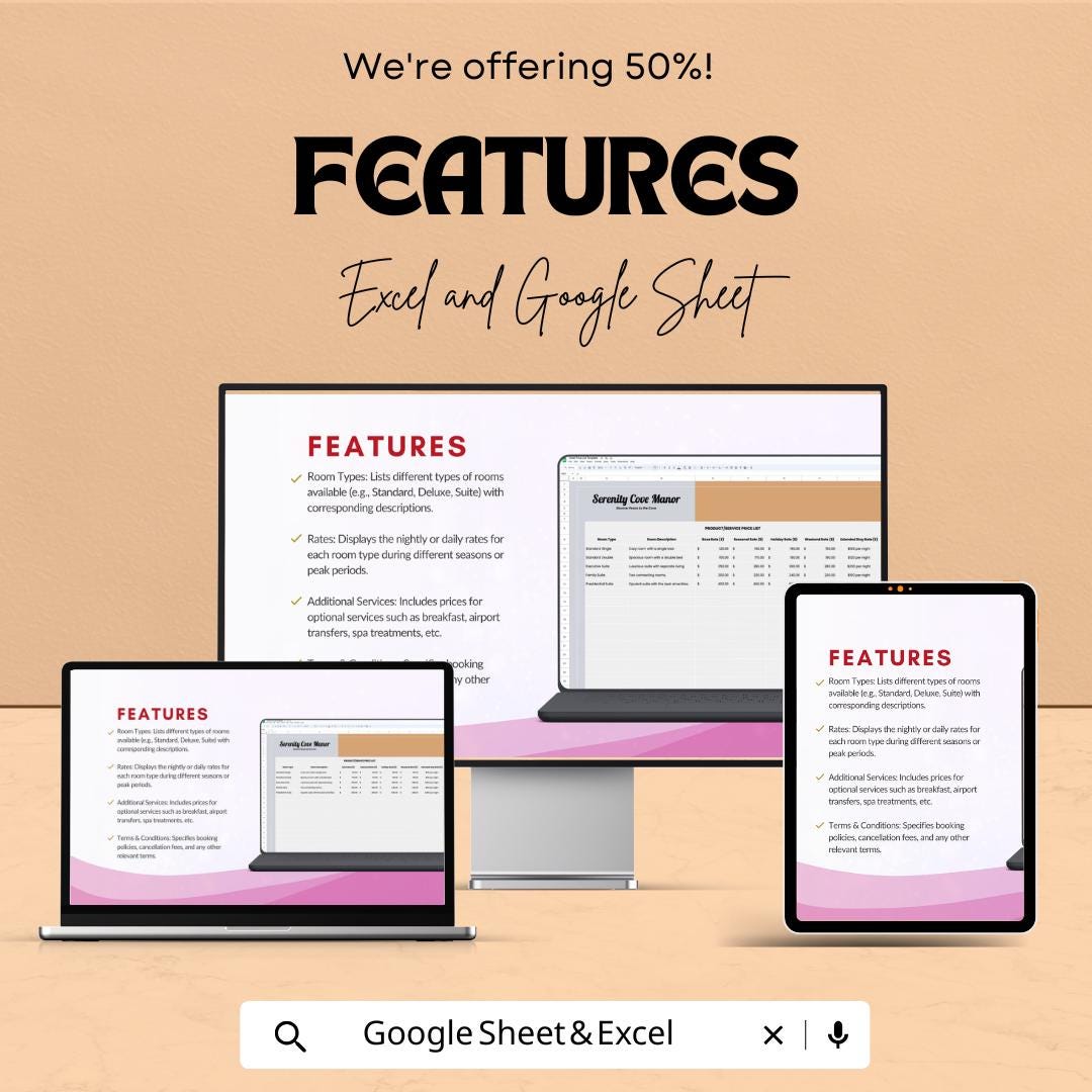 Hotel Price List Sheet | Excel and Google Sheets Template | Room Rate & Service Pricing Management Tool