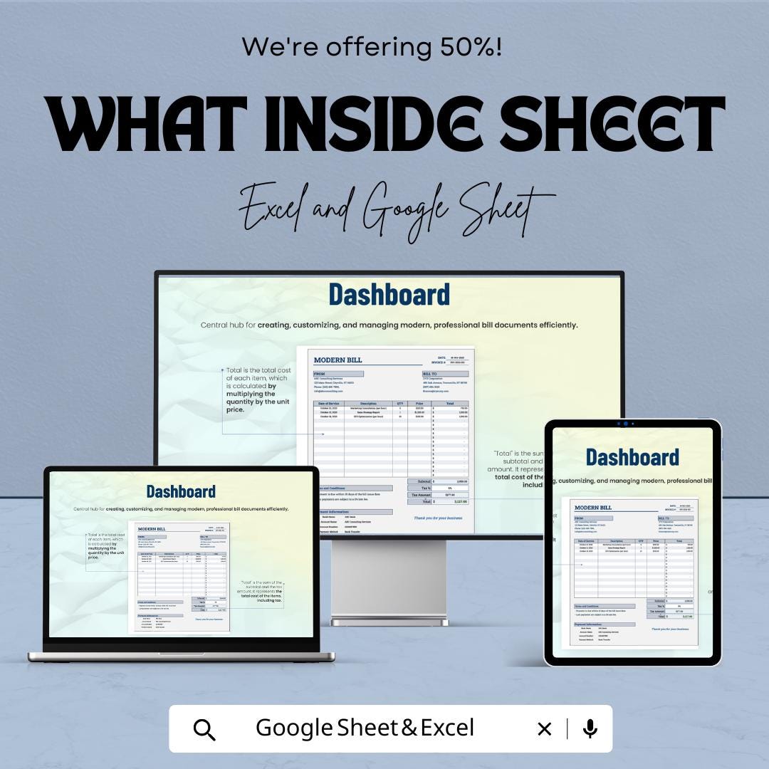 Modern Bill Sheet - Professional Invoice Template - Google Sheets - Easy Customization & Automated Calculations for Seamless Transactions