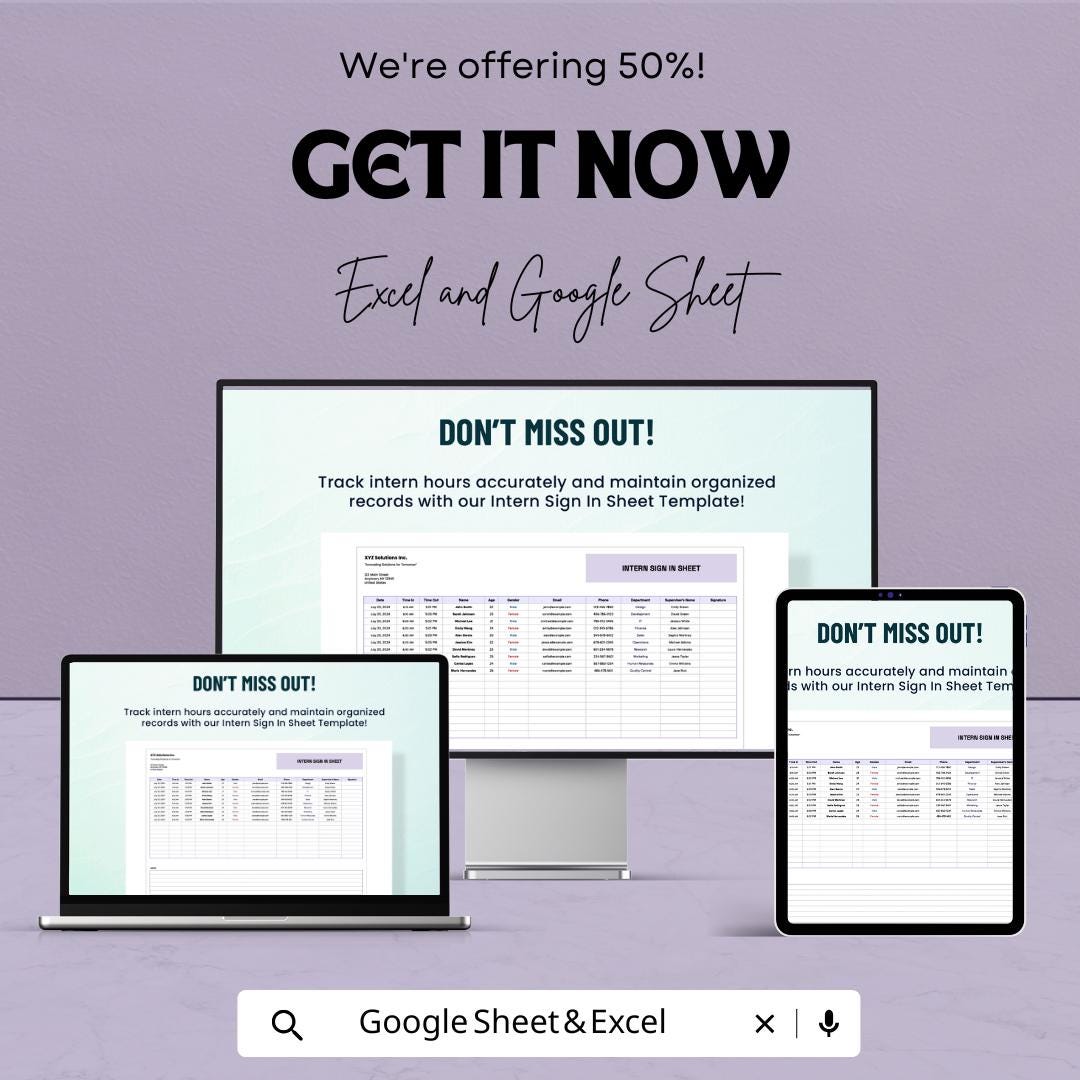 Intern Sign In Sheet Template | Attendance Tracker Excel | Intern Hours Log Google Sheets | Employee Time Sheet | Internship Attendance Form