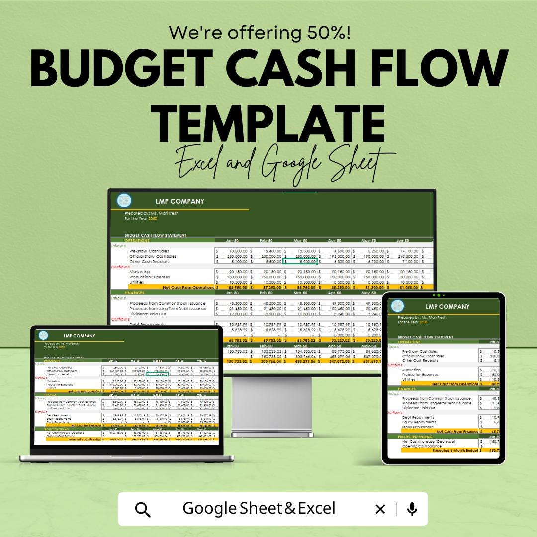 Budget Cash Flow Template | Excel & Google Sheets | Cash Flow Statement | Business Budget Planner