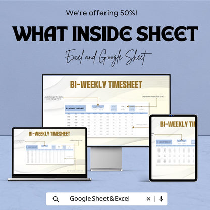 Bi-Weekly Timesheet Template | Employee Time Tracker Spreadsheet | Payroll Hours Log | Excel & Google Sheets Work Schedule Template |