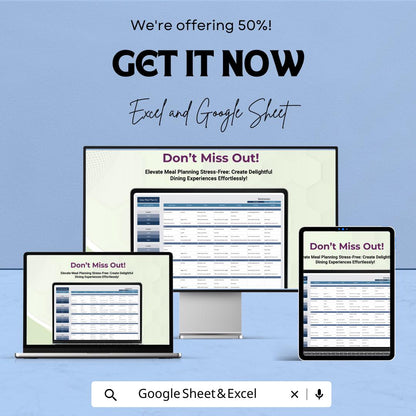 Easy Meal Plan Sheet - Weekly Meal Planner for Simple and Organized Meal Prep - Excel and Google Sheet Template