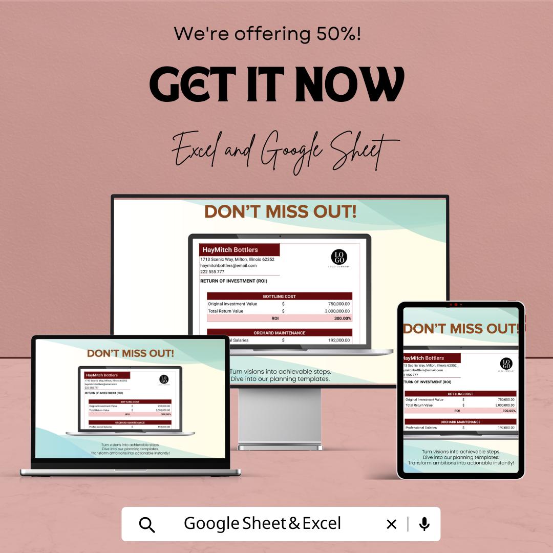 Simple ROI Template | Return on Investment Calculator | Business Finance Tracker | Profit Analysis Spreadsheet | Financial Planner