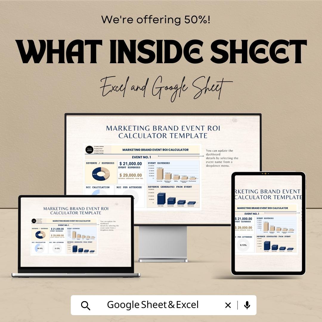 Marketing Brand Event ROI Calculator Sheet - Google Sheets  - Calculate Event ROI - Marketing Budget Tracker - ROI Performance Analysis