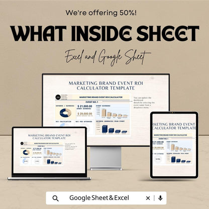 Marketing Brand Event ROI Calculator Sheet - Google Sheets  - Calculate Event ROI - Marketing Budget Tracker - ROI Performance Analysis