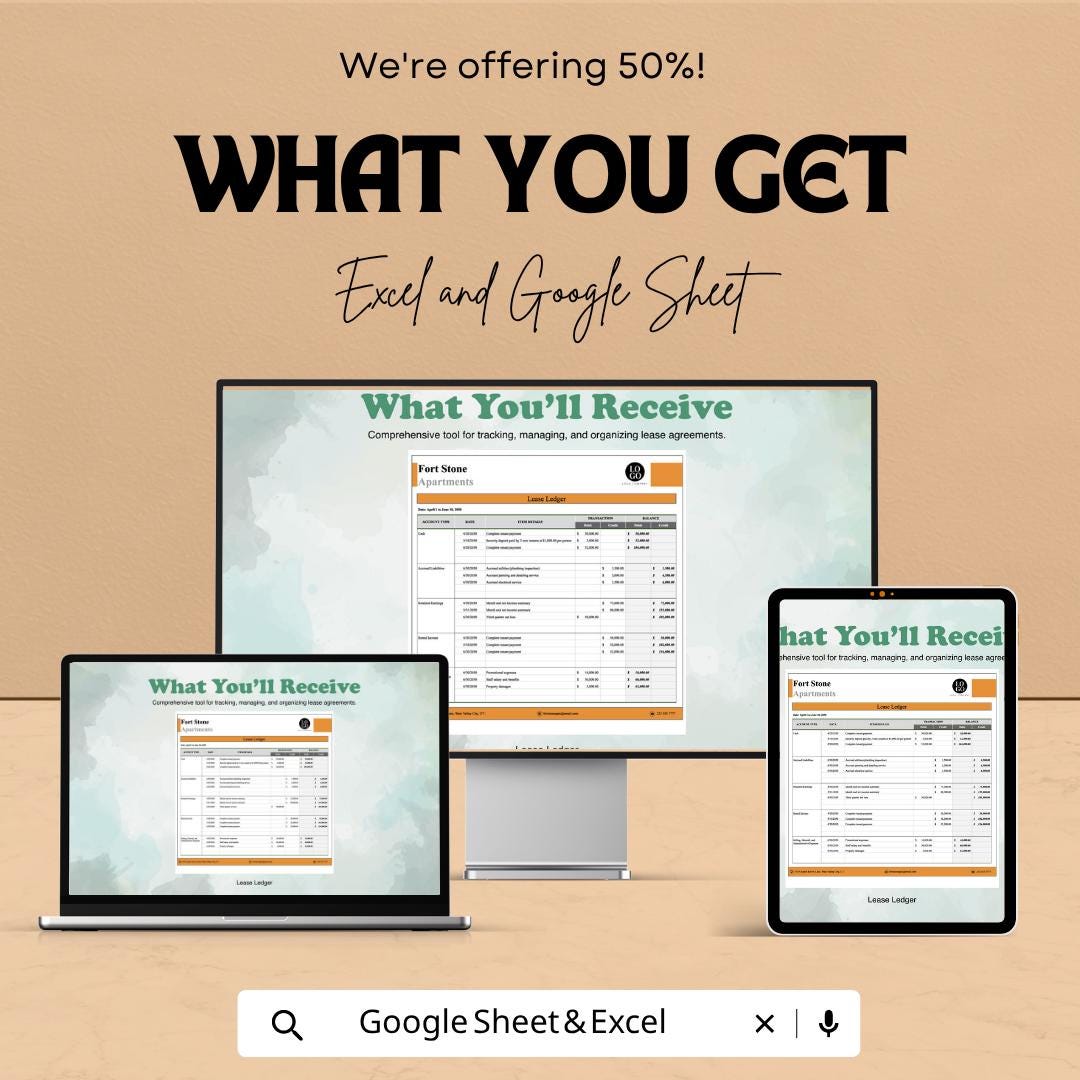 Lease Ledger Template Excel Google Sheets | Rent Payment Tracker | Lease Management Spreadsheet | Rental Ledger Template | Property Manageme