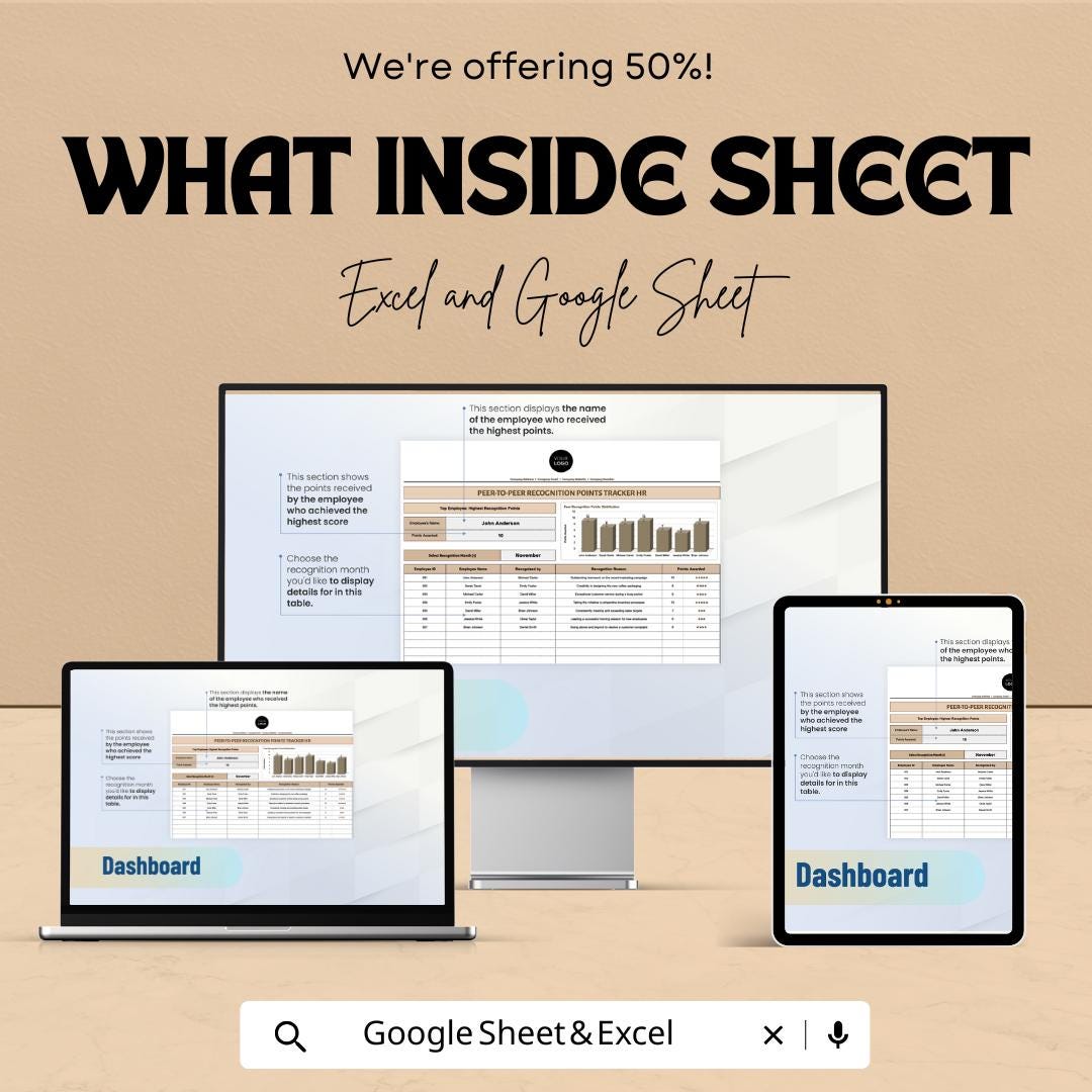 Peer-to-Peer Recognition Points Tracker HR Sheet | Excel & Google Sheets Template | Employee Recognition Tracker