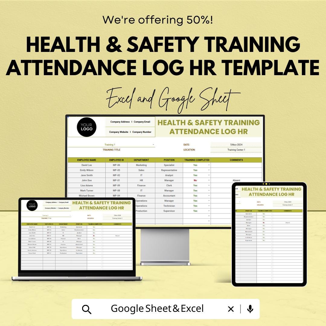 Health & Safety Training Attendance Log HR Template | Employee Safety Training Tracker | Excel and Google Sheets Compliance Log