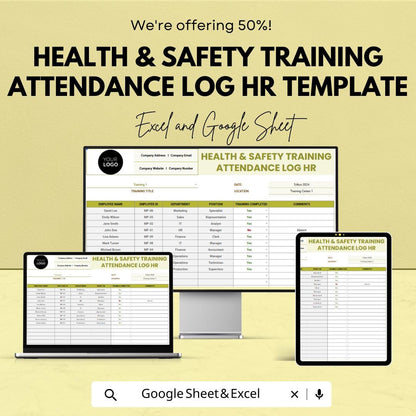 Health & Safety Training Attendance Log HR Template | Employee Safety Training Tracker | Excel and Google Sheets Compliance Log