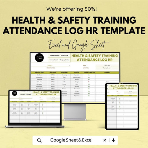 Health & Safety Training Attendance Log HR Template | Employee Safety Training Tracker | Excel and Google Sheets Compliance Log