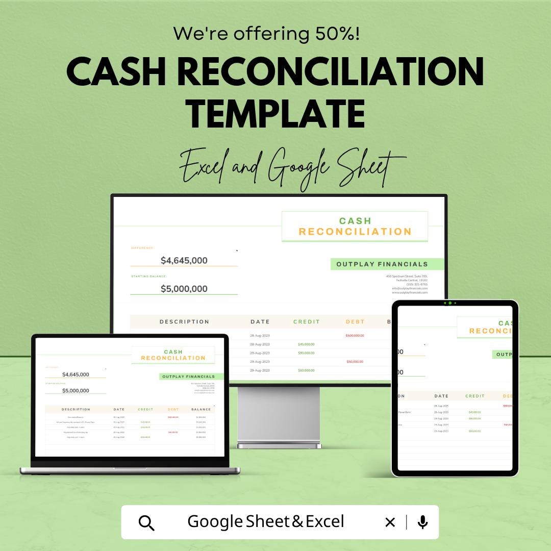 Cash Reconciliation Template | Cash Flow Reconciliation Spreadsheet | Financial Balance Tracker Template | Excel & Google Sheets |