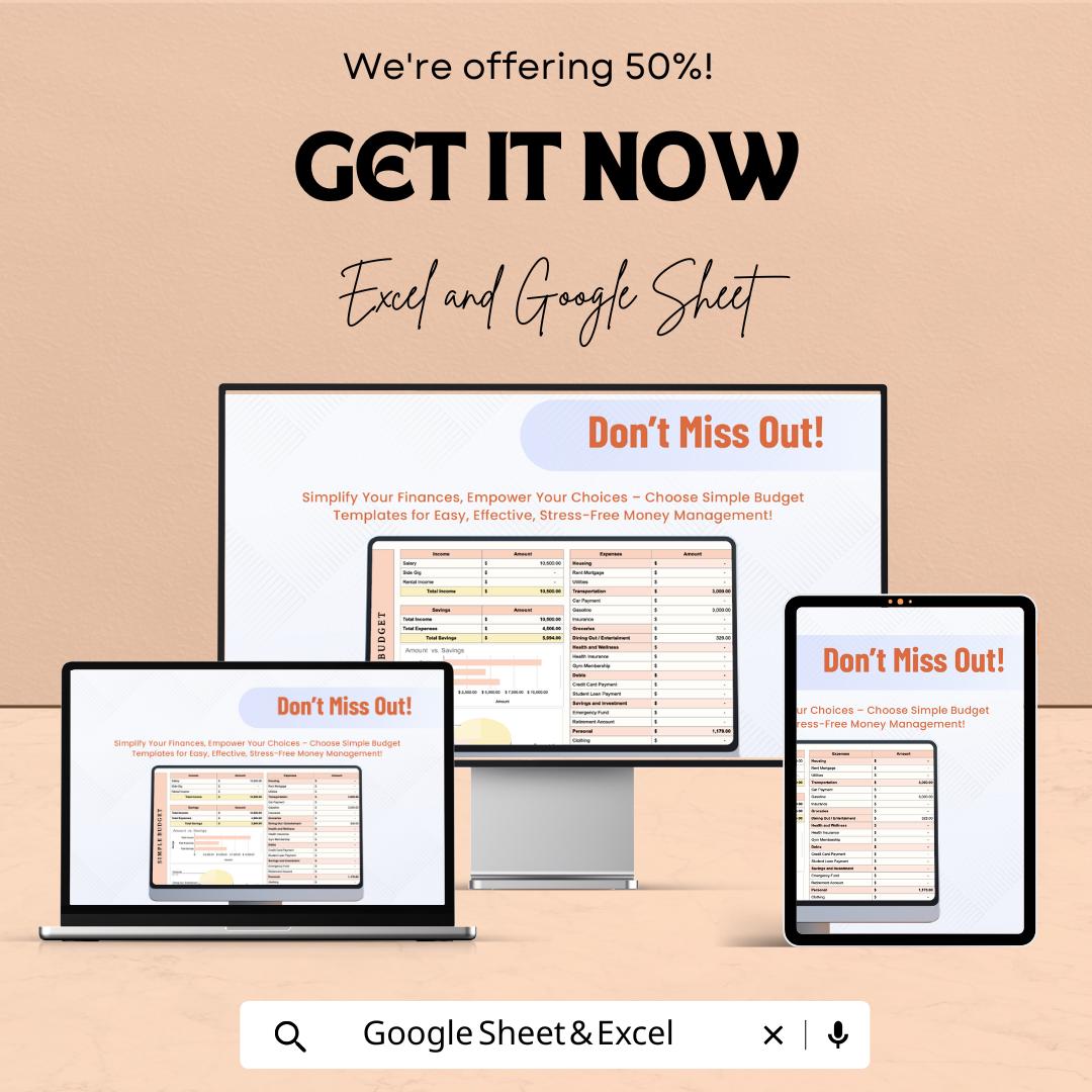 Simple Budget Template | Excel and Google Sheets | Monthly Expense Tracker | Personal Finance Planner | Income & Expense Spreadsheet