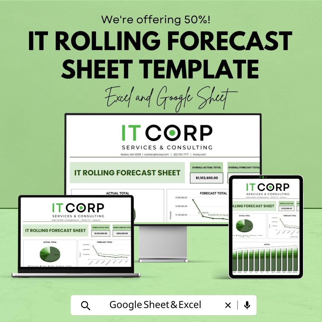 IT Rolling Forecast Sheet Template, Financial Forecast Spreadsheet, Business Budget Dashboard, Cash Flow Forecast, Excel Google Sheets