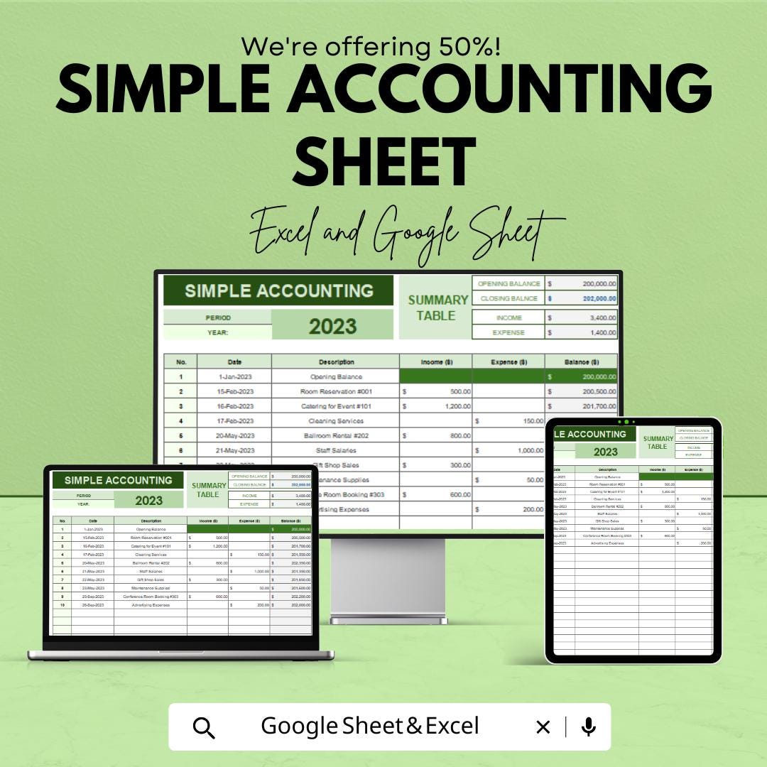 Simple Accounting Sheet | Income & Expense Tracker | Google Sheets and Excel Template | Personal Finance Log | Printable Budget Spreadsheet