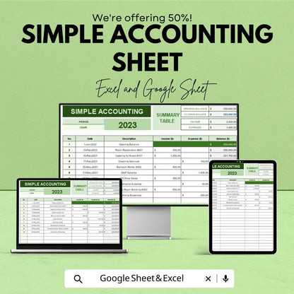 Simple Accounting Sheet | Income & Expense Tracker | Google Sheets and Excel Template | Personal Finance Log | Printable Budget Spreadsheet