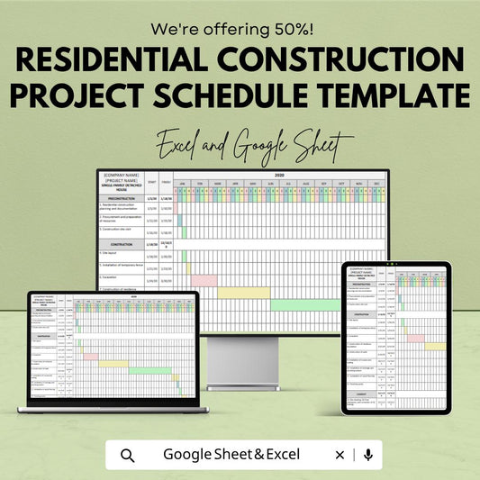 Residential Construction Project Schedule Template | Gantt Chart Builder Planner | Contractor Project Timeline | Build Schedule